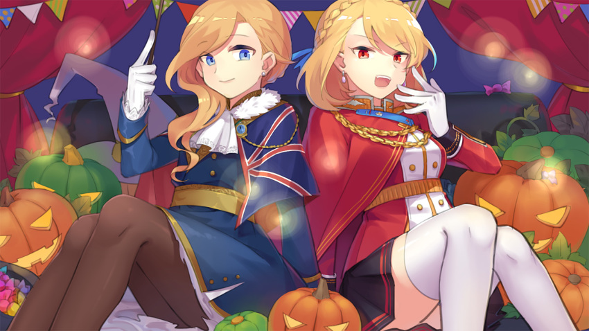 2girls azur_lane black_legwear braid crown_braid french_braid hood_(azur_lane) looking_at_viewer miniskirt multiple_girls nashi_(tidal0414) pantyhose prince_of_wales_(azur_lane) sitting skirt swept_bangs thighhighs union_jack white_legwear