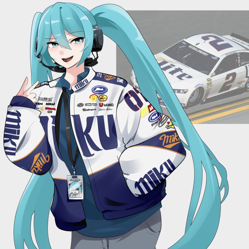 1girl absurdres aqua_eyes aqua_hair blue_shirt car commentary grey_pants hand_in_pocket hatsune_miku headset highres holeecrab id_card jacket lanyard long_hair miller_lite motor_vehicle nascar open_mouth pants photo_inset print_jacket race_vehicle racecar shirt simple_background sleeves_past_fingers sleeves_past_wrists smile solo sponsor symbol-only_commentary twintails upper_body v vocaloid white_background