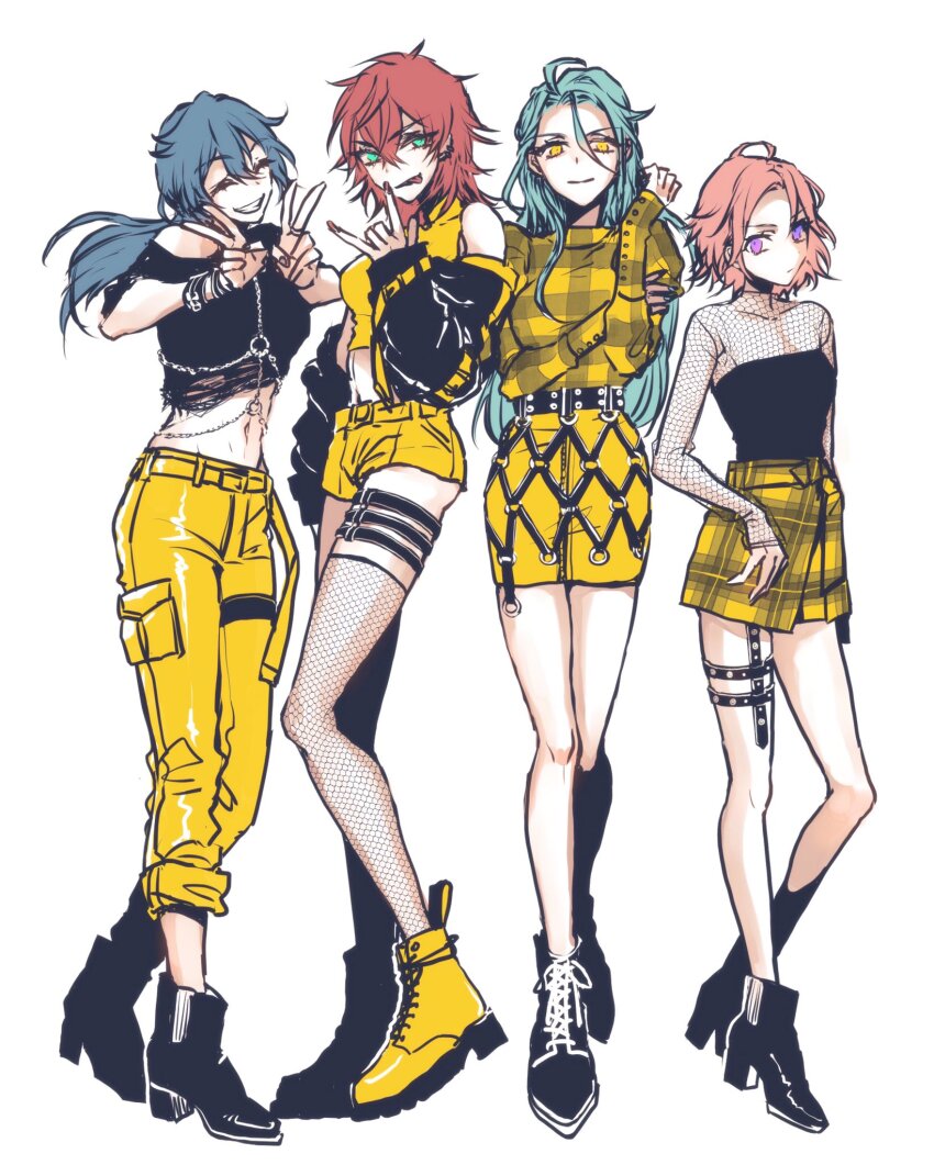 4girls amagi_hiiro aqua_eyes blue_hair closed_eyes closed_mouth crazy_b_(ensemble_stars!) crop_top ensemble_stars! genderswap genderswap_(mtf) grey_hair highres himeru_(ensemble_stars!) long_hair mkk69dx multiple_girls oukawa_kohaku pants pink_hair plaid_clothes plaid_shorts plaid_skirt purple_eyes red_hair shiina_niki shirt shorts skirt smile teeth tongue tongue_out yellow_eyes yellow_pants yellow_shirt yellow_shorts yellow_skirt