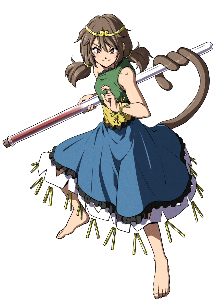 1girl barefoot brown_hair circlet dress highres holding inuno_rakugaki looking_at_viewer monkey_girl monkey_tail red_eyes simple_background smile solo son_biten tail touhou white_background