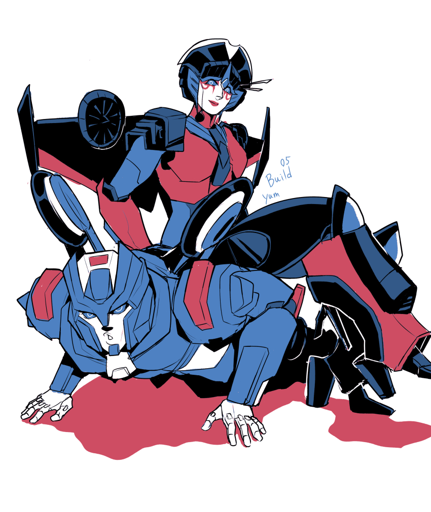 2girls absurdres autobot blue_eyes chromia exercising high_heels highres lipstick makeup multiple_girls push-ups sitting sitting_on_person transformers wheels windblade windblade_(transformers) wings