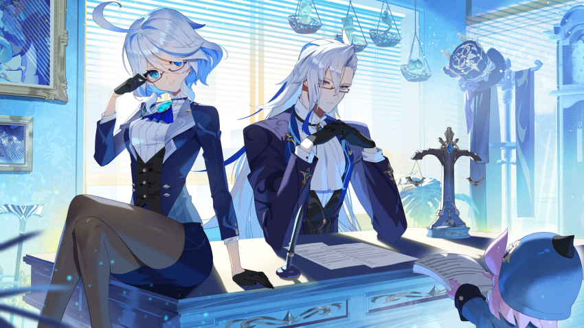 1boy 2girls adjusting_eyewear arm_support balance_scale black-framed_eyewear black_gloves black_pantyhose black_vest blathine_(genshin_impact) blue_hair blue_hat blue_jacket blue_skirt blue_theme breasts crossed_legs desk feet_out_of_frame furina_(genshin_impact) genshin_impact gentilhomme_usher glasses gloves grey_hair half_gloves hand_up hat highres indoors interlocked_fingers jacket long_hair mademoiselle_crabaletta melusine_(genshin_impact) multicolored_hair multiple_girls neuvillette_(genshin_impact) on_desk own_hands_together pantyhose pencil_skirt pink_hair purple_eyes scottie_(phantom2) semi-rimless_eyewear shirt singer_of_many_waters_(genshin_impact) sitting skirt small_breasts surintendante_chevalmarin two-tone_hair under-rim_eyewear unworn_hat unworn_headwear very_long_hair vest weighing_scale white_shirt window window_blinds