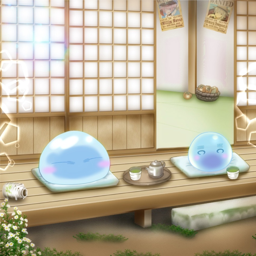 asukamama89 basket blush crossover falfa_(slime)_(slime_taoshite_300_nen) falfa_(slime_taoshite_300_nen) flower grass highres milim_nava one_piece open_door outdoors porch rimuru_tempest rimuru_tempest_(slime) slime_(creature) slime_taoshite_300_nen_shiranai_uchi_ni_level_max_ni_nattemashita species_connection tea tensei_shitara_slime_datta_ken veranda wanted_poster