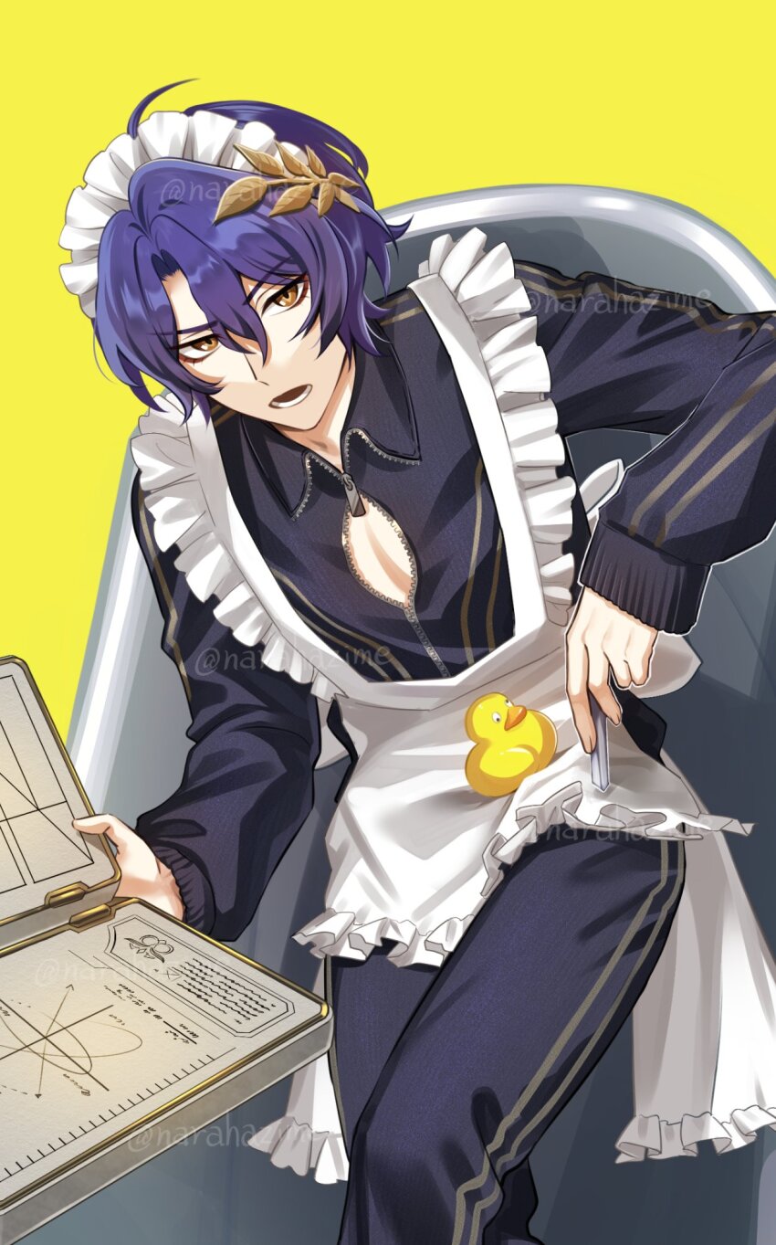 1boy apron artist_name bathtub black_jacket black_pants book chalk collared_jacket commentary_request crossed_legs dr._ratio_(honkai:_star_rail) eyeliner frilled_apron frills hair_between_eyes hair_ornament highres holding holding_book holding_chalk honkai:_star_rail honkai_(series) in_bathtub jacket long_sleeves looking_at_viewer lower_teeth_only maid_apron maid_headdress makeup male_focus multicolored_eyes narahazime open_book open_mouth pants parted_bangs pectoral_cleavage pectorals purple_hair red_eyeliner red_eyes rubber_duck short_hair simple_background sitting solo teeth twitter_username white_apron yellow_background yellow_eyes zipper zipper_pull_tab