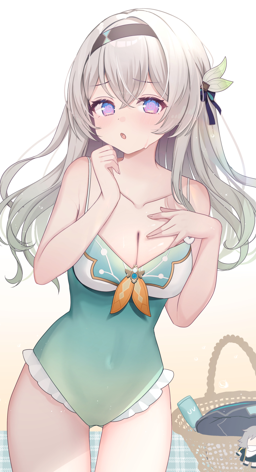 1girl :o @_@ absurdres adapted_costume aqua_one-piece_swimsuit basket beach beach_mat black_hairband breasts character_charm charm_(object) cleavage closed_mouth collarbone covered_navel cowboy_shot firefly_(honkai:_star_rail) gradient_background gradient_one-piece_swimsuit grey_hair hairband hand_on_own_chest hands_up highres honkai:_star_rail honkai_(series) large_breasts long_hair looking_at_viewer oguraponti one-piece_swimsuit purple_eyes solo spaghetti_strap standing stelle_(honkai:_star_rail) swimsuit trailblazer_(honkai:_star_rail) white_background