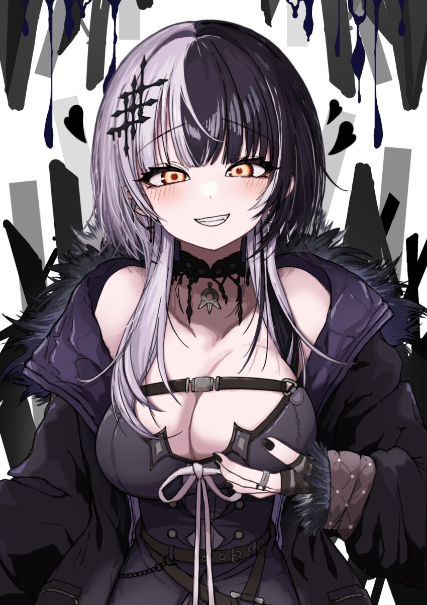 1girl belt black_belt black_choker black_dress black_hair black_jacket black_nails blush breasts chest_belt choker dress fingernails fur-trimmed_jacket fur_trim grabbing_own_breast grey_hair grin hair_ornament heart highres hololive hololive_english jacket jewelry kukkiy-san large_breasts long_fingernails long_hair long_sleeves looking_at_viewer multicolored_hair nail_polish open_clothes open_jacket pendant_choker raised_eyebrows ring shiori_novella shiori_novella_(1st_costume) smile solo split-color_hair two-tone_hair upper_body virtual_youtuber yellow_eyes