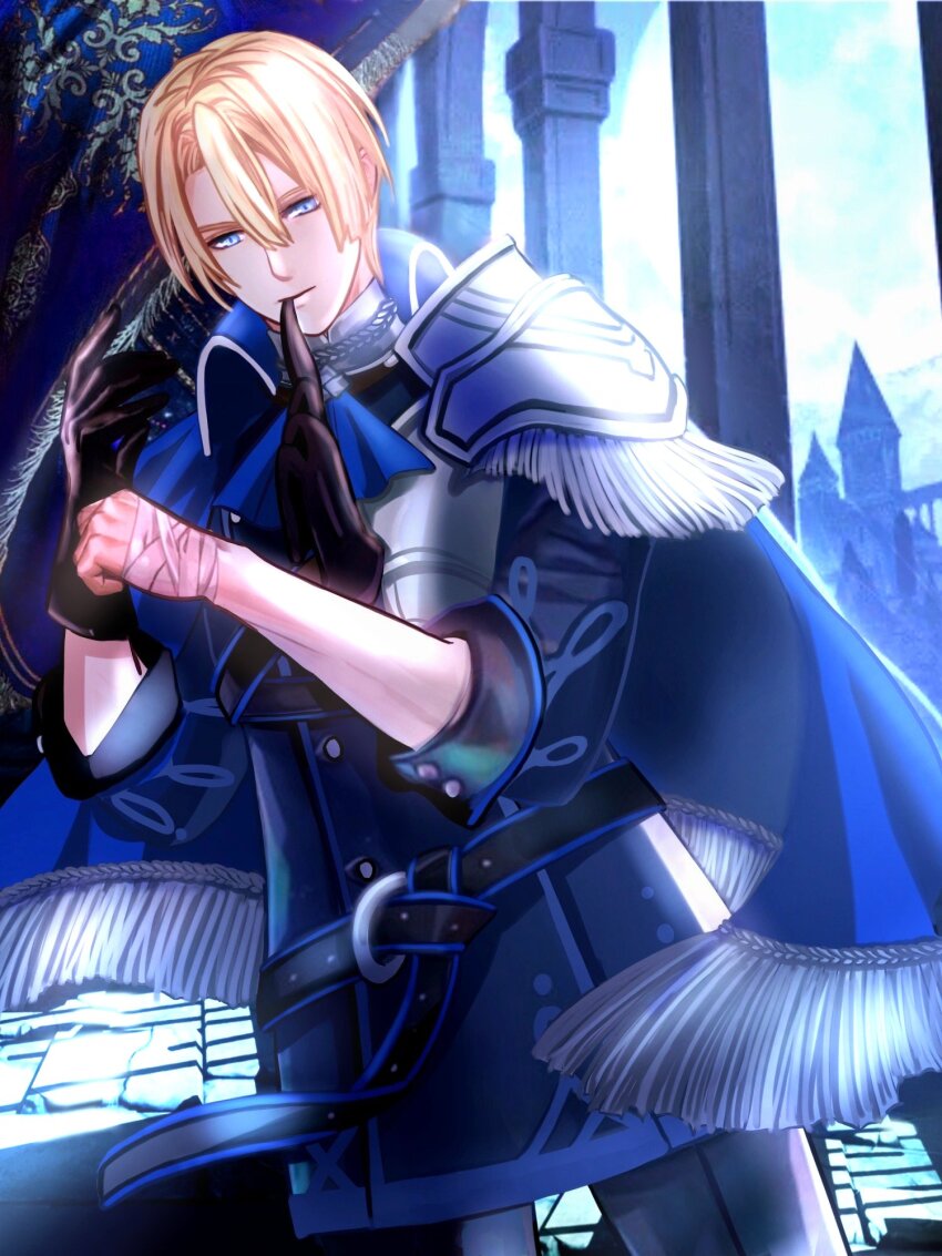 1boy alternate_costume armor arms_up ascot bandaged_hand bandages belt black_belt black_gloves black_pants blonde_hair blue_ascot blue_cape blue_coat blue_eyes cape capri_(blaue0514) castle coat collared_coat commentary_request curtained_hair dimitri_alexandre_blaiddyd feet_out_of_frame fire_emblem fire_emblem:_three_houses glove_in_mouth gloves hair_between_eyes high_collar highres looking_to_the_side male_focus mouth_hold nintendo pants pauldrons pillar shoulder_armor sideways_glance sleeve_cuffs solo standing stone_floor tassel-trimmed_cape wing_collar