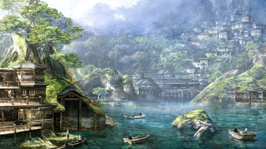 6+boys anesaki_dynamic architecture boat cityscape east_asian_architecture male_focus multiple_boys original pagoda scenery tree water watercraft