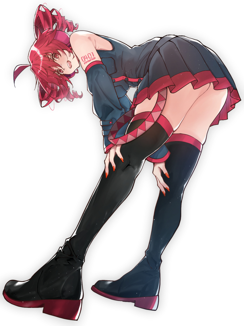 1girl ahoge arm_tattoo bare_shoulders bent_over black_boots black_shirt black_skirt black_sleeves boots bowing breast_pocket commentary detached_sleeves double-parted_bangs drill_hair fingernails from_behind from_below full_body hair_between_eyes hands_on_own_knees highres kasane_teto kasane_teto_(utau) looking_at_viewer michihirogswr miniskirt nail_polish number_tattoo open_mouth pleated_skirt pocket red_eyes red_hair red_nails red_trim shirt shoulder_tattoo simple_background skirt sleeveless sleeveless_shirt smile solo standing tattoo teeth thigh_boots thighhighs twin_drills underbutt upper_teeth_only utau white_background zettai_ryouiki