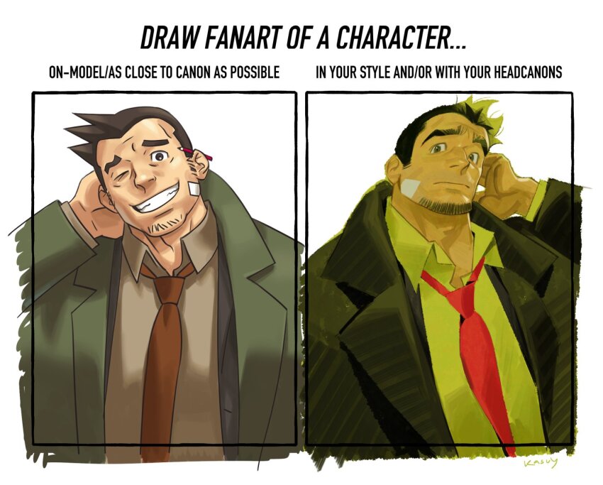 1boy ace_attorney bandaid bandaid_on_cheek bandaid_on_face bara coat collared_shirt cropped_torso dick_gumshoe english_text facial_hair goatee_stubble green_coat hand_on_own_head looking_at_viewer male_focus mature_male mr_kasuy multiple_drawing_challenge necktie official_style on-model_vs_in_your_style_challenge receding_hairline red_necktie shirt short_hair sideburns stubble thick_eyebrows