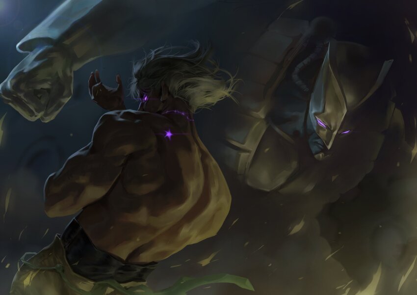 1boy 1other birthmark blonde_hair clenched_hand colored_skin commentary dio_brando dio_brando&#039;s_pose_(jojo) from_behind glowing glowing_eyes glowing_scar goddamnmushroom grey_skin highres joestar_birthmark jojo_no_kimyou_na_bouken jojo_pose looking_at_viewer male_focus medium_hair muscular muscular_male pants purple_eyes scar scar_on_neck stand_(jojo) stardust_crusaders the_world topless_male yellow_pants