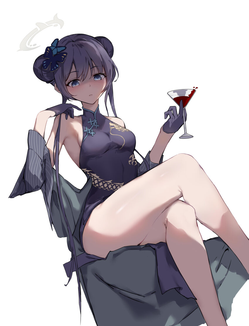 1girl absurdres awake1510084 black_coat black_dress black_gloves black_hair blue_archive braid braided_bun butterfly_hair_ornament china_dress chinese_clothes coat crossed_legs cup double_bun dragon_print dress drinking_glass glass gloves grey_eyes grey_halo hair_bun hair_ornament halo highres holding_glass kisaki_(blue_archive) legs looking_at_viewer pelvic_curtain print_dress solo thick_thighs thighs wine_glass