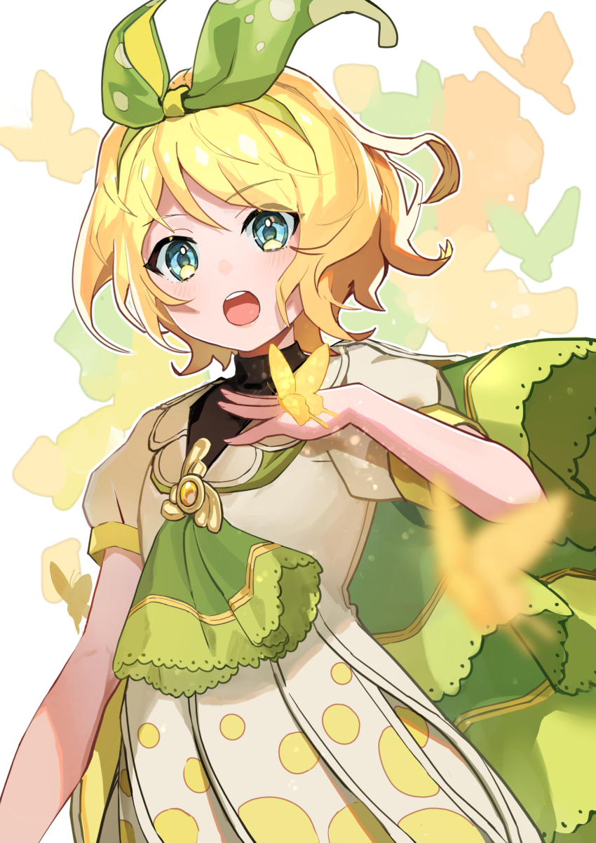 1girl aqua_eyes blonde_hair blurry blurry_foreground bow bug butterfly butterfly_background butterfly_on_hand commentary dress green_bow green_neckerchief hair_bow hand_on_own_chest highres insect kagamine_rin looking_at_viewer magical_mirai_(vocaloid) magical_mirai_rin magical_mirai_rin_(2021) medallion neckerchief open_mouth orange_butterfly polka_dot polka_dot_dress saz8720 short_hair short_sleeves silhouette solo upper_body vocaloid white_background white_dress yellow_butterfly