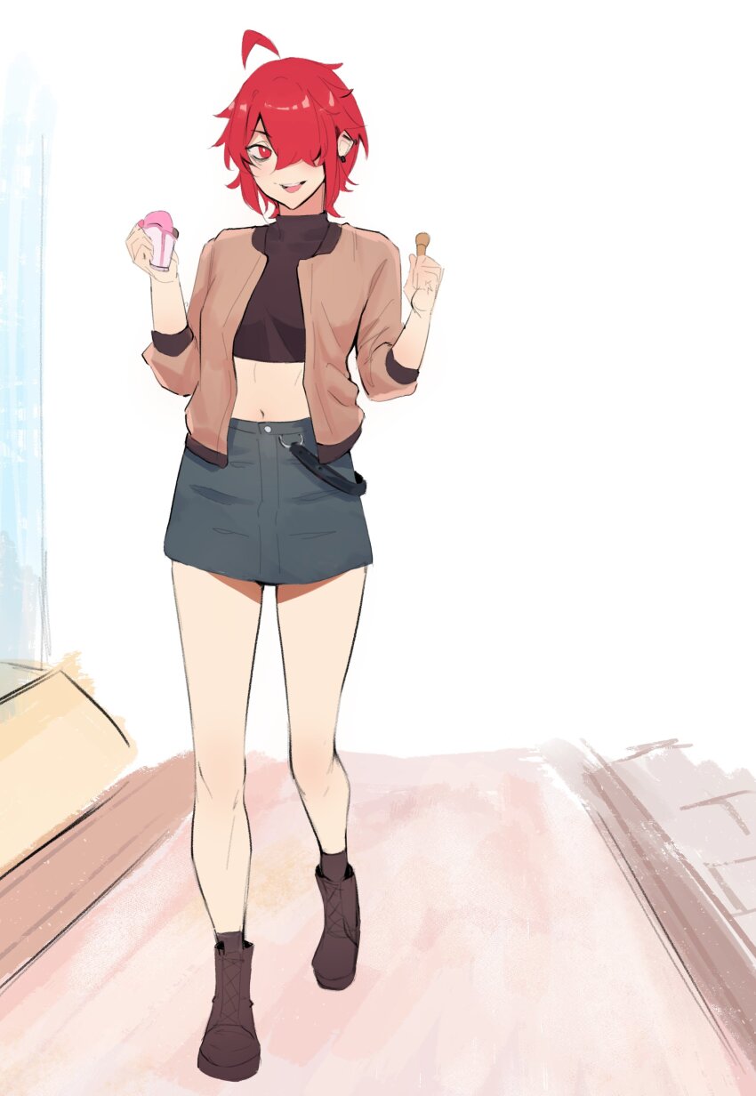 1girl absurdres ahoge bad_link black_shirt coat deccatezu denim denim_skirt ear_piercing earrings food hair_over_one_eye highres ice_cream jewelry navel open_mouth original piercing red_eyes red_hair saya_(deccatezu) shirt shoes short_hair skirt spoon walking wooden_spoon