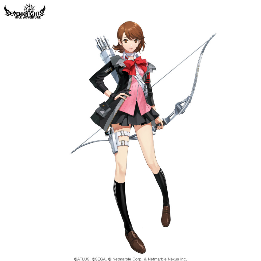 1girl archery_shooting_glove armband arrow_(projectile) belt_buckle black_gloves black_jacket black_skirt black_socks bow bow_(weapon) bowtie brown_eyes brown_footwear brown_hair buckle cardigan choker closed_mouth collared_shirt copyright_name copyright_notice earrings evoker full_body gekkoukan_high_school_uniform gloves hand_on_own_hip heart heart_choker heart_print highres holding holding_bow_(weapon) holding_weapon holster jacket jewelry kneehighs legs lips long_sleeves looking_at_viewer loose_bowtie miniskirt official_art open_clothes open_jacket partially_fingerless_gloves persona persona_3 persona_3_reload pink_cardigan pink_lips pleated_skirt print_socks quiver red_armband red_bow red_bowtie ribbed_cardigan s.e.e.s school_uniform seven_knights shirt short_hair simple_background single_glove skirt smile socks solo standing stud_earrings swept_bangs takeba_yukari thigh_holster thighs weapon white_background white_choker white_shirt