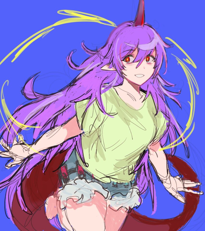 1girl blue_background green_shirt green_shorts highres horns long_hair looking_at_viewer parted_lips pointy_ears purple_hair quatro10257041 red_eyes shirt short_sleeves shorts simple_background single_horn solo tail tenkajin_chiyari touhou very_long_hair