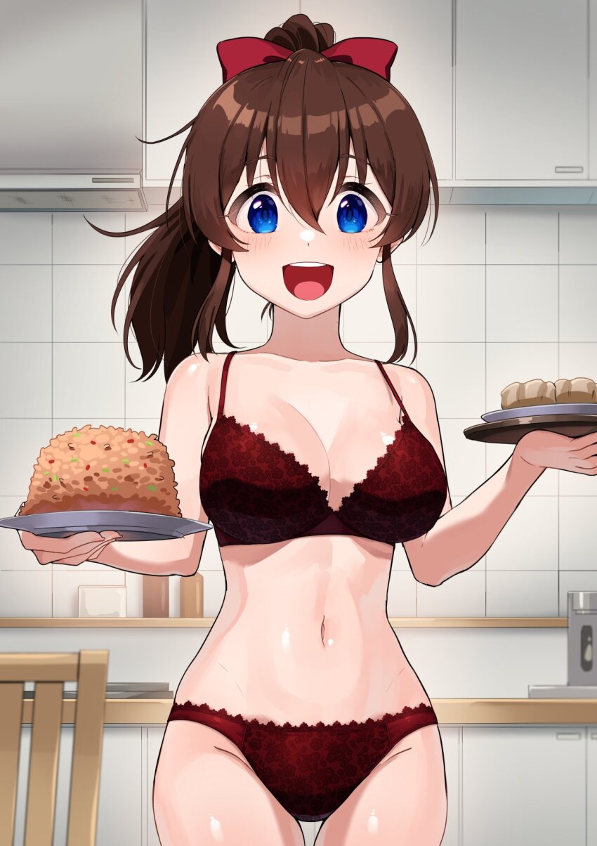 1girl blue_eyes blush bow bra breasts brown_hair cleavage food fried_rice hair_bow highres idolmaster idolmaster_million_live! indoors kamille_(vcx68) kitchen long_hair looking_at_viewer medium_breasts navel panties ponytail red_bow red_bra red_panties satake_minako smile solo stomach underwear underwear_only