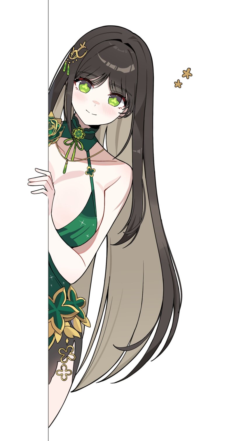 1girl absurdres bare_arms bare_shoulders black_survival breasts brown_hair closed_mouth cocktail_dress colored_inner_hair dalgam12 dress eternal_return:_black_survival green_dress green_eyes gweon_sua gweon_sua_(1st_anniversary) hair_ornament halterneck highres large_breasts leaning_to_the_side long_hair looking_at_viewer multicolored_hair official_alternate_costume side_slit sleeveless sleeveless_dress smile solo symbol-shaped_pupils very_long_hair