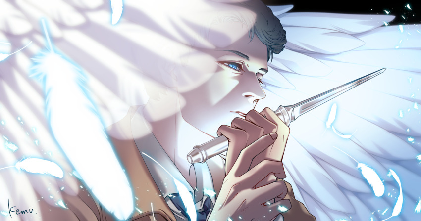 1boy angel black_background blue_eyes brown_hair brown_jacket castiel commentary_request feathers highres holding holding_knife jacket kemu_(19002265km) knife looking_ahead male_focus necktie short_hair signature solo supernatural_(tv_series) white_feathers white_wings wings
