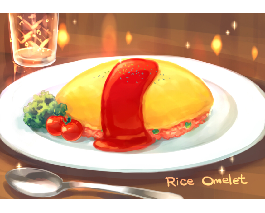 cherry_tomato commentary english_text food food_focus glass ketchup letterboxed lettuce no_humans omelet omurice original peas plate sparkle spoon still_life suzaku_(zaku6584) tomato
