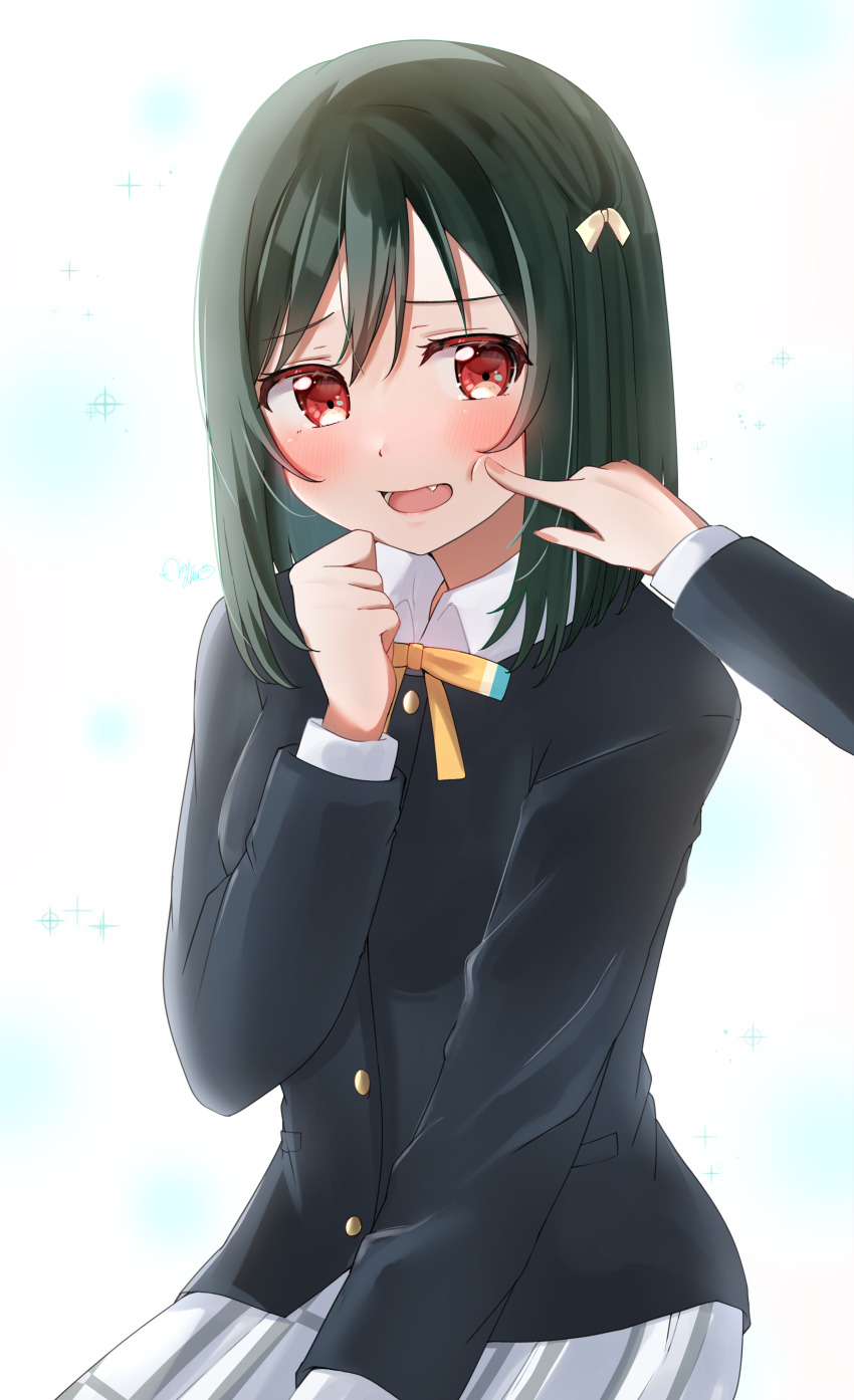 2girls absurdres black_jacket blush cheek_poking clenched_hand collared_shirt commentary_request fang furrowed_brow green_hair hair_between_eyes hair_ribbon highres jacket long_sleeves looking_at_viewer love_live! love_live!_nijigasaki_high_school_idol_club medium_hair mifune_shioriko multiple_girls neck_ribbon nijigasaki_school_uniform nyako_(utaneko31) open_mouth plaid_clothes plaid_skirt pleated_skirt poking pov pov_hands red_eyes ribbon school_uniform shirt skirt upper_body white_shirt white_skirt winter_uniform yellow_ribbon