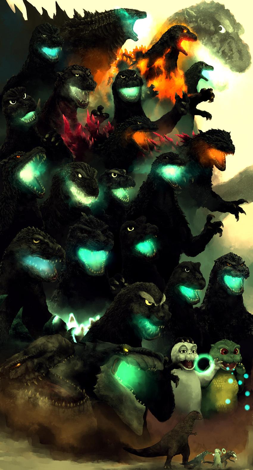 adelaide_productions aura baby_godzilla before_and_after burning_godzilla centropolis_entertainment centropolis_television colored_sclera columbia_tristar_television crossover dinosaur energy energy_ball energy_bubble energy_ring father_and_son fish fuhatsu_eekoodan glowing glowing_eyes glowing_mouth glowing_spikes godzilla godzilla,_mothra_and_king_ghidorah:_giant_monsters_all-out_attack godzilla:_final_wars godzilla:_the_series godzilla_(1954) godzilla_(2014) godzilla_(series) godzilla_2000:_millennium godzilla_against_mechagodzilla godzilla_junior godzilla_raids_again godzilla_the_series godzilla_vs._biollante godzilla_vs._destoroyah godzilla_vs._king_ghidorah godzilla_vs._megaguirus godzilla_vs._megalon_(1973) godzilla_vs._mothra godzilla_vs._the_sea_monster godzillasaurus highres kaiju king_kong_(series) king_kong_vs._godzilla kyoryu legendary_pictures little_godzilla minilla monsterification monsterverse mothra_vs._godzilla multiple_persona no_pupils orange_eyes possessed smoke son_of_godzilla steam steaming_body the_return_of_godzilla toho transformation white_eyes yellow_eyes zilla