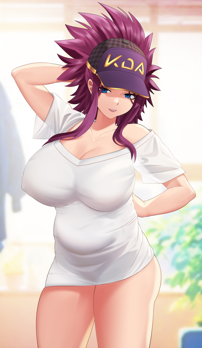 akali baseball_cap belly blue_eyes breasts hat highres k/da_(league_of_legends) k/da_akali large_breasts league_of_legends meme pajamas_challenge_(meme) plump ponytail purple_hair samsam_s2s see-through_clothes see-through_shirt shirt sidelocks t-shirt thighs white_shirt