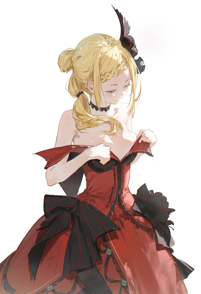 1girl absurdres bare_shoulders black_choker blonde_hair breasts choker cleavage closed_eyes closed_mouth commentary dino_(dinoartforame) dress hair_ornament highres medium_breasts medium_hair ponytail priscilla_barielle re:zero_kara_hajimeru_isekai_seikatsu red_dress simple_background solo undressing white_background