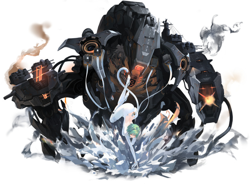 1girl absurdres admiral_nakhimov_(azur_lane) animal_ears ass azur_lane backless_bodysuit bare_back bodysuit breasts cable cannon cat_ears cat_girl debris fake_animal_ears firing flight_deck full_body glowing glowing_eye green_hair gun hair_between_eyes high_heels highres kincora looking_at_viewer machinery mecha mechanical_tail military_vehicle non-humanoid_robot non-web_source official_art open_mouth pilot_suit rigging robot ship_turret short_hair skin_tight smoke solo tail transparent_background weapon white_bodysuit wire world_of_warships yellow_eyes