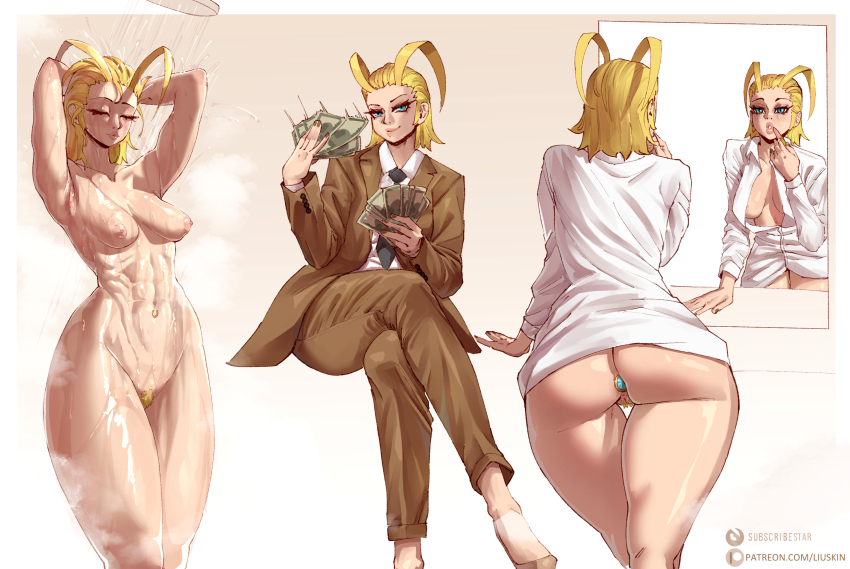 1girl abs absurdres antenna_hair arms_up artist_name ass banknote black_necktie blonde_hair blonde_pubic_hair blue_eyes bottomless breasts brown_jacket brown_pants butt_plug closed_eyes collared_shirt commentary commission crossed_legs english_commentary female_pubic_hair highres holding holding_money jacket jewel_butt_plug kingdom_hearts larxene liuskin medium_breasts mirror money multiple_views nail_polish navel necktie nipples pants patreon_logo patreon_username pubic_hair reflection sex_toy shirt shower_head showering sitting subscribestar_logo watermark web_address white_shirt
