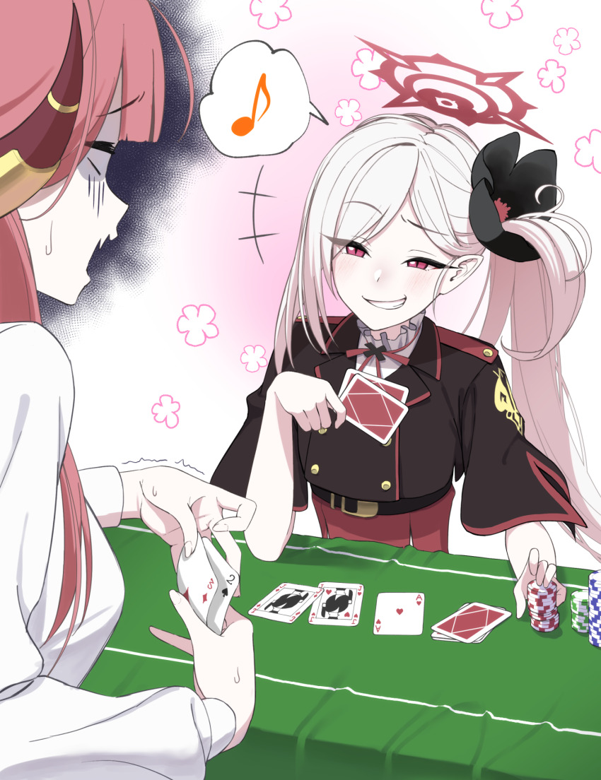 2girls aru_(blue_archive) black_jacket blue_archive card cropped_jacket flower grin hair_flower hair_ornament halo highres holding holding_card horns jacket long_hair long_sleeves looking_at_another multiple_girls musical_note mutsuki_(blue_archive) pink_hair playing_card poker poker_chip red_eyes red_halo shaded_face shirt side_ponytail slit_pupils smile smirk spoken_musical_note syamen_amygdala white_hair white_shirt