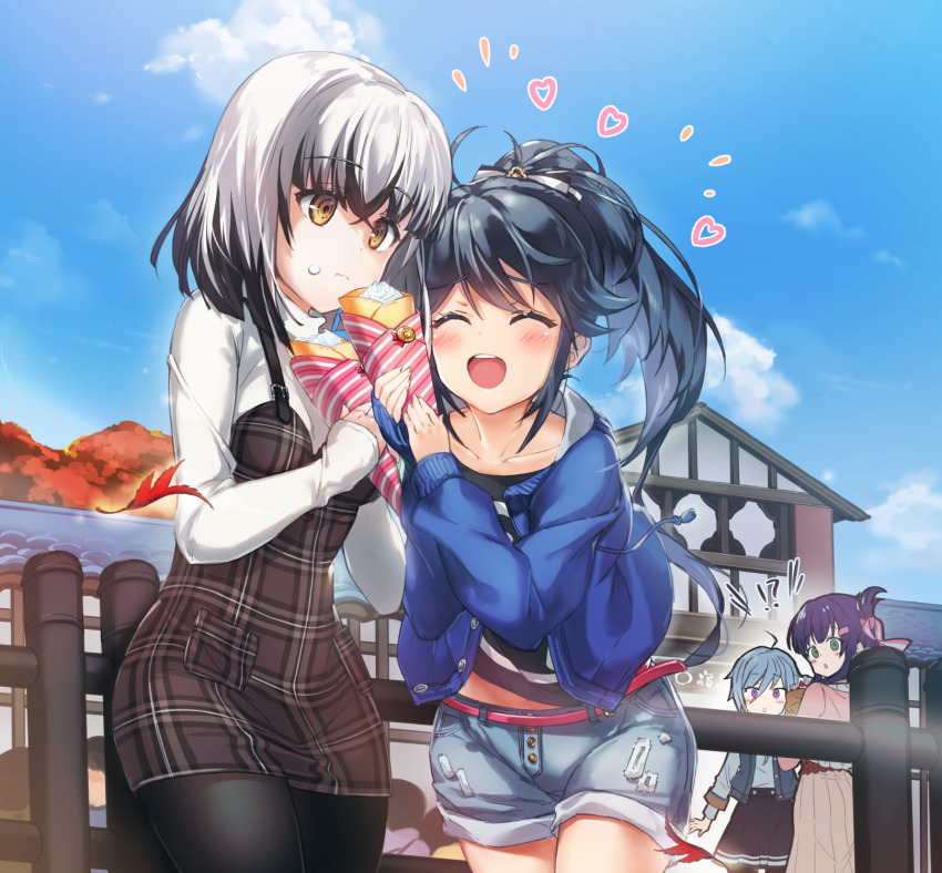 !? 4girls ^_^ black_hair black_pantyhose black_shirt blue_jacket blue_shorts blue_sky blunt_bangs blush casual closed_eyes closed_mouth collarbone commentary_request crepe day fence food food_on_face furrowed_brow green_eyes grey_hair highres holding holding_crepe holding_food itomi_sayaka jacket long_hair long_sleeves medium_hair micopp multiple_girls notice_lines open_mouth orange_eyes outdoors overalls pantyhose plaid_clothes plaid_overalls ponytail purple_eyes purple_hair satsuki_yomi shirt shorts sky smile standing toji_no_miko white_shirt yamashiro_yui yanase_mai