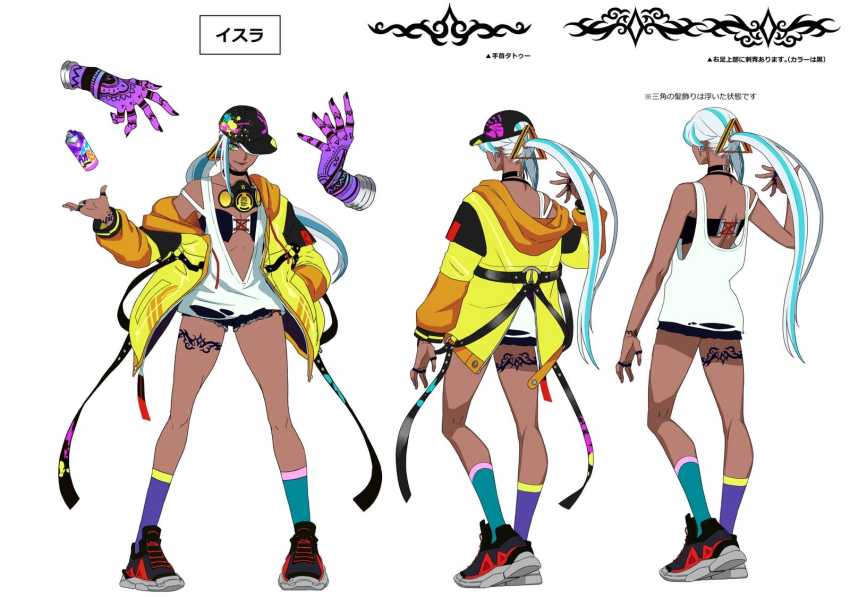 1girl asymmetrical_footwear asymmetrical_legwear bare_arms bare_shoulders baseball_cap blue_hair breasts reference_sheet cleavage concept_art dark_skin disembodied_hand finger_tattoo green_eyes hat highres isla_(kof) leg_tattoo light_blue_hair long_hair mask mask_around_neck midriff mismatched_legwear multicolored_hair navel official_art ogura_eisuke oversized_clothes paint_can respirator shoes short_shorts shorts sneakers snk solo spray_can spray_paint streaked_hair tank_top tattoo the_king_of_fighters the_king_of_fighters_xv white_tank_top