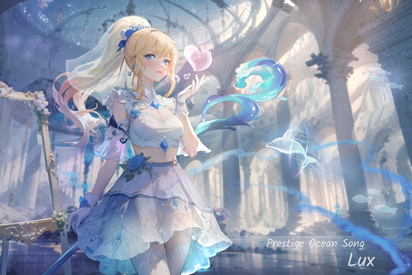 1girl blonde_hair blue_eyes blue_gemstone character_name column_lineup commentary dolphin dress earrings english_commentary gem gloves heart high_ponytail highres jewelry jzby league_of_legends lux_(league_of_legends) mage_staff midriff ponytail sleeveless sleeveless_dress solo thighhighs water white_gloves white_thighhighs