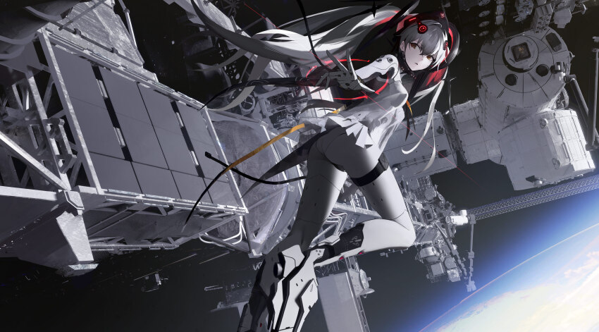 1girl absurdres ass bodysuit breasts cell_(acorecell) commentary floating foot_out_of_frame grey_hair hair_between_eyes hair_intakes headgear highres in_orbit long_hair looking_back luna:_laurel_(pgr) luna_(pgr) mecha_musume mechanical_legs medium_breasts miniskirt outstretched_arm parted_lips planet punishing:_gray_raven science_fiction skin_tight skirt solo space space_station striker_unit thigh_strap thrusters truss twintails upskirt white_bodysuit yellow_eyes