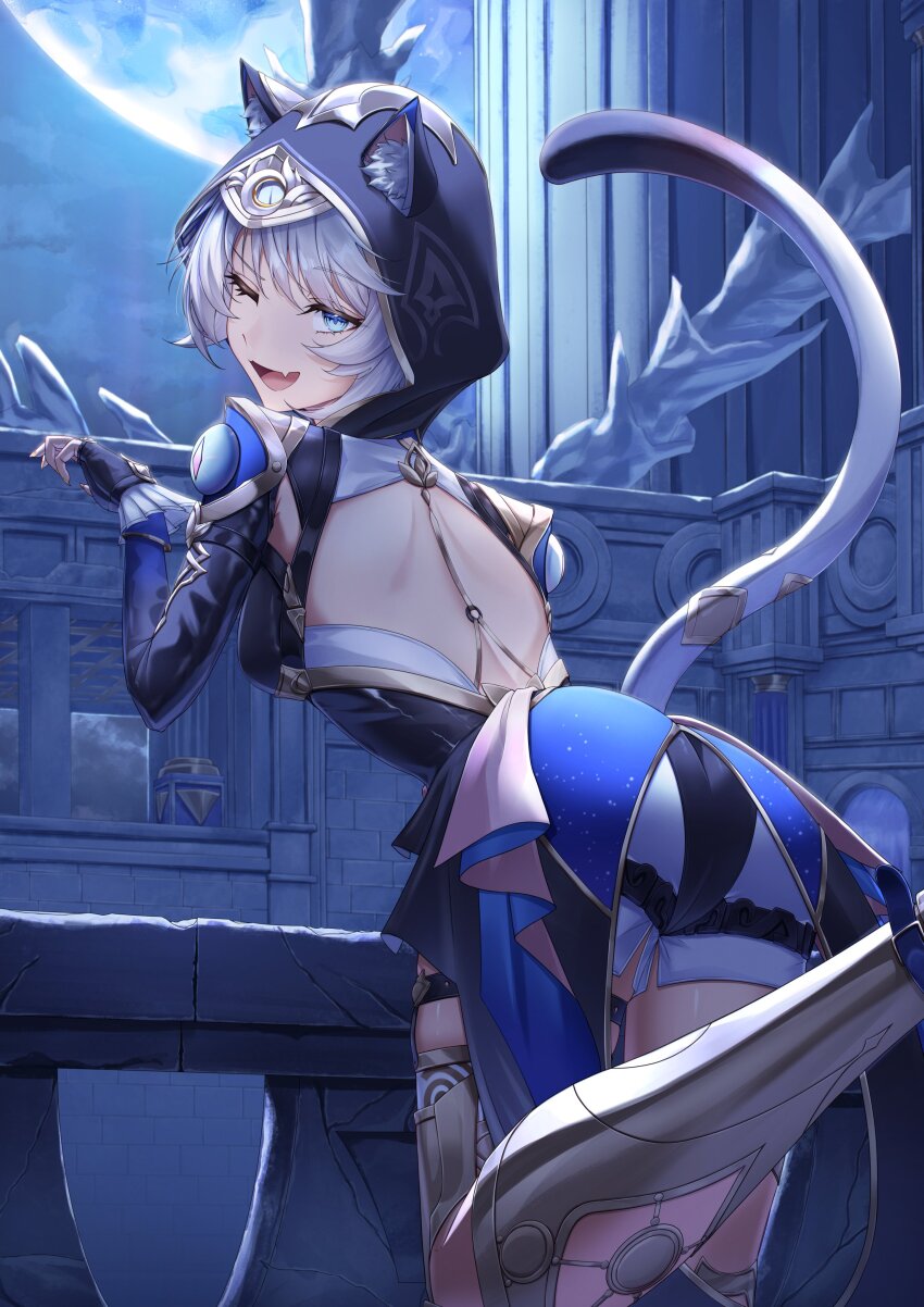 1girl ;o absurdres animal_ears ass back black_gloves black_leotard blue_eyes boots breasts cat_ears cat_girl cat_tail cipher_(honkai:_star_rail) commentary fang fingerless_gloves from_behind full_moon gloves gold_boots grey_hair highres honkai:_star_rail honkai_(series) leotard mashuretsu moon night night_sky one_eye_closed short_hair shorts skin_fang sky solo tail white_shorts