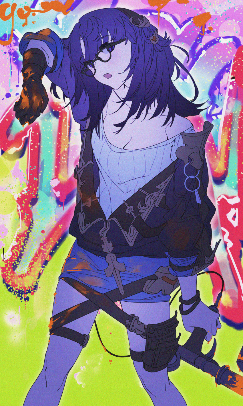 1girl absurdres blue_eyes blue_hair bodypaint bracelet brown_jacket collarbone dark_blue_hair glasses gloves graffiti granblue_fantasy hair_ornament highres illnott_(granblue_fantasy) jacket jewelry looking_at_viewer multicolored_background open_clothes open_jacket open_mouth paint paint_gun painted_clothes shirt skirt tsubomi_haku white_shirt