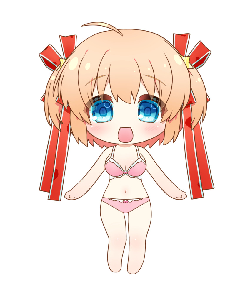 1girl :d ahoge arms_at_sides bare_arms bare_legs blonde_hair blue_eyes blush bra breasts chibi cleavage commentary eyes_visible_through_hair frilled_bra frills hair_between_eyes hair_ornament hair_ribbon highres kamikita_komari little_busters! long_ribbon looking_at_viewer matching_underwear medium_breasts natsuoto_rito navel open_mouth panties pink_bra pink_panties red_ribbon ribbon short_hair simple_background smile solo standing star_(symbol) star_hair_ornament straight-on two_side_up underwear underwear_only white_background