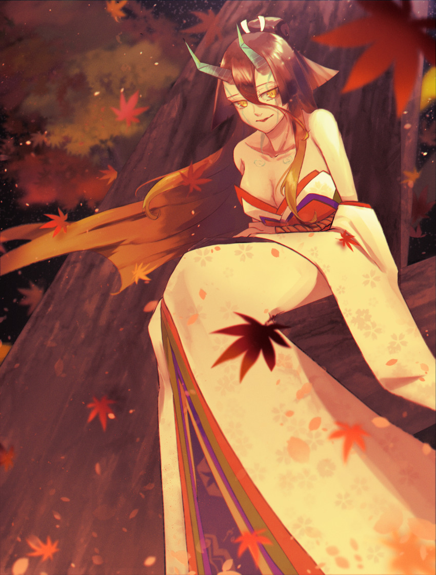1girl absurdres bare_shoulders breasts brown_hair cleavage collarbone detached_sleeves fate/grand_order fate/requiem fate_(series) gradient_hair hachito212 hair_between_eyes highres horns japanese_clothes kijo_kouyou_(fate) kijo_kouyou_(third_ascension)_(fate) kimono large_breasts leaf long_hair looking_at_viewer maple_leaf multicolored_hair orange_hair ponytail rope sash sitting sleeveless sleeveless_kimono slit_pupils smile solo tree very_long_hair white_kimono wide_sleeves yellow_eyes