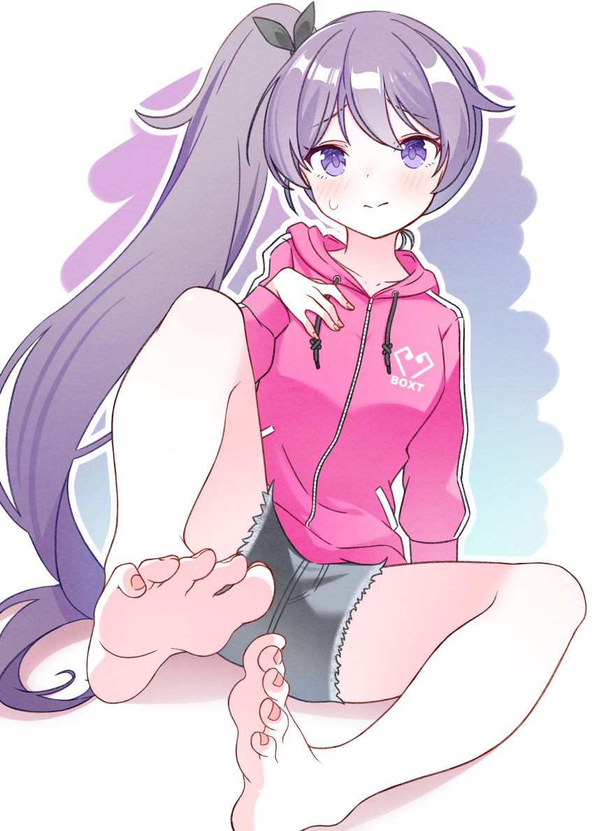 1girl 2657314861 absurdres barefoot black_ribbon blush commission feet hair_ribbon highres hood hoodie long_hair looking_at_viewer nail_polish ongeki pixiv_commission purple_eyes ribbon shorts side_ponytail sitting soles solo sweatdrop takase_rio toes very_long_hair