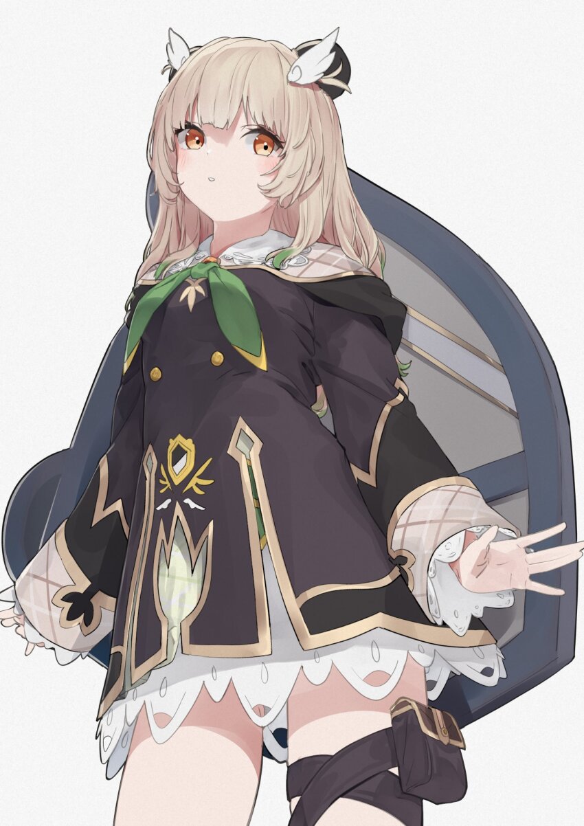 1girl amatsuna_sasaha animal_ears atsushima black_dress blunt_bangs blush bow bowtie breasts brown_eyes brown_hair cowboy_shot dress green_bow green_bowtie highres lace-trimmed_sleeves lace_trim long_hair long_sleeves looking_at_viewer medium_breasts nanashi_inc. open_mouth panda_ears panda_girl parted_lips petticoat pouch shield shield_on_back simple_background solo thigh_pouch virtual_youtuber white_background