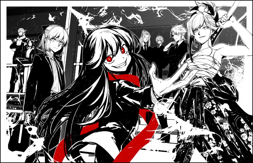 amakusa_shirou_(fate) bad_id bad_twitter_id benkei black_hair breasts evil_smile fate/apocrypha fate/grand_order fate/stay_night fate_(series) formal_clothes fuuma_kotarou_(fate) iwamoto_eiri japanese_clothes kimono koha-ace long_hair looking_at_viewer miyamoto_musashi_(fate) monochrome multiple_boys musashibou_benkei_(fate) oda_nobunaga_(fate) oda_nobunaga_(koha-ace) okita_souji_(fate) okita_souji_(koha-ace) open_mouth ponytail red_eyes ribbon sarashi sasaki_kojirou_(fate) scarf short_hair smile spot_color suit ushiwakamaru_(fate)
