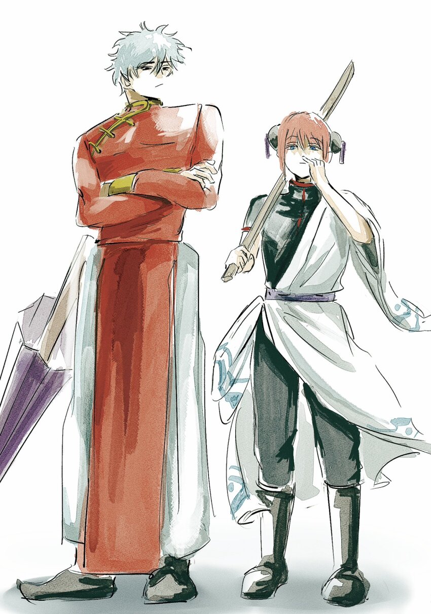 1boy 1girl black_boots black_pants black_shirt bokken boots bun_cover china_dress chinese_clothes closed_umbrella cosplay costume_switch crossed_arms double_bun dress gintama grey_hair hadanugi_dousa hair_bun high_collar highres holding holding_sword holding_umbrella holding_weapon japanese_clothes kagura_(gintama) kagura_(gintama)_(cosplay) kimono long_sleeves looking_at_viewer messy_hair open_kimono pants purple_umbrella red_dress sakata_gintoki sakata_gintoki_(cosplay) shirt short_hair short_sleeves siik9u sword umbrella weapon white_kimono white_pants wooden_sword