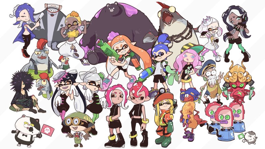 agent_8_(splatoon) big_man_(splatoon) callie_(splatoon) callie_(squid_sisters_outfit)_(splatoon) cap&#039;n_cuttlefish chum_(splatoon) cohock_(splatoon) cohozuna_(splatoon) crusty_sean dj_octavio flag frye_(deep_cut_outfit)_(splatoon) frye_(splatoon) harmony_(splatoon) highres holding holding_flag inkling inkling_boy inkling_girl inkling_player_character li&#039;l_judd_(splatoon) marie_(splatoon) marie_(squid_sisters_outfit)_(splatoon) marina_(off_the_hook_outfit)_(splatoon) marina_(splatoon) mr._grizz_(splatoon) multiple_boys multiple_girls nintendo octoling octoling_boy octoling_girl octoling_player_character octotrooper pearl_(off_the_hook_outfit)_(splatoon) pearl_(splatoon) poyo_party salmon_run_(splatoon) salmonid sheldon_(splatoon) shiver_(deep_cut_outfit)_(splatoon) shiver_(splatoon) smallfry_(splatoon) splatoon_(series) splatoon_1 splatoon_2 splatoon_2:_octo_expansion splatoon_3 spyke_(splatoon) white_background