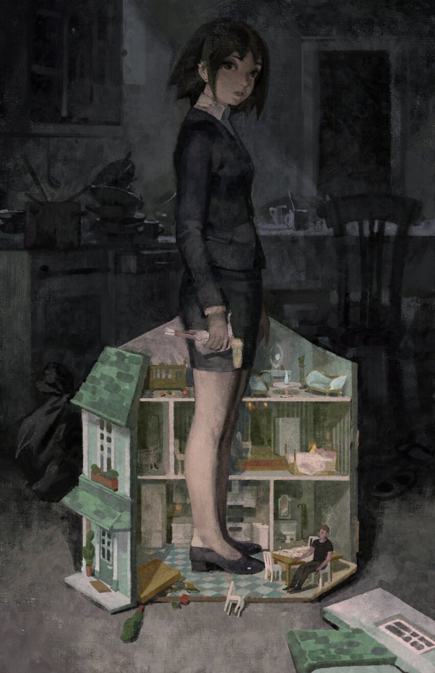 1girl absurdres arms_at_sides bag black_eyes black_footwear black_hair black_suit business_suit chair collared_shirt commentary dark dishes doll doll_house earrings english_commentary formal_clothes from_side full_body high_heels highres holding holding_doll indoors jewelry kitchen looking_at_viewer office_lady original pencil_skirt pumps shirt short_hair silverheather skirt skirt_suit solo standing suit trash_bag white_shirt
