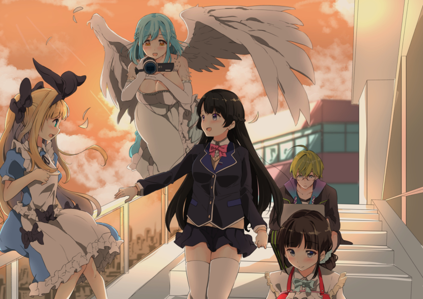 1boy 4girls absurdres ahoge bare_shoulders black_bow black_hair black_jacket blazer blonde_hair blue_dress blue_eyes blue_hair bow braid breasts camera cleavage computer crown_braid dress elbow_gloves feathered_wings frilled_dress frills gloves green_hair hair_bow highres jacket laptop long_hair mononobe_alice mononobe_alice_(1st_costume) multiple_girls nijisanji orange_eyes outdoors school_uniform skirt smile suzuka_utako suzuka_utako_(1st_costume) syun_the_ride tsukino_mito tsukino_mito_(1st_costume) twilight two-tone_dress virtual_youtuber white_dress white_hair white_legwear wings