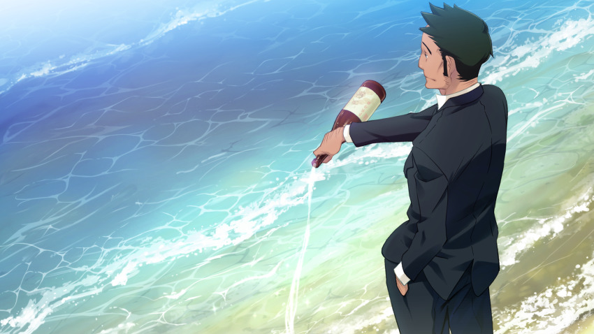 1boy alcohol beach black_jacket black_pants black_suit bottle collared_shirt dutch_angle facial_hair formal_clothes from_behind from_side fukuda_tomonori game_cg hand_hair hand_in_pocket highres holding holding_bottle jacket looking_to_the_side male_focus nagafukada_mitsuhiko narrowed_eyes ocean official_art outdoors outstretched_arm pants pouring robotics;notes sake sake_bottle shirt short_hair sideburns sideburns_stubble solo spiked_hair stubble suit suit_jacket tan very_short_hair water white_shirt