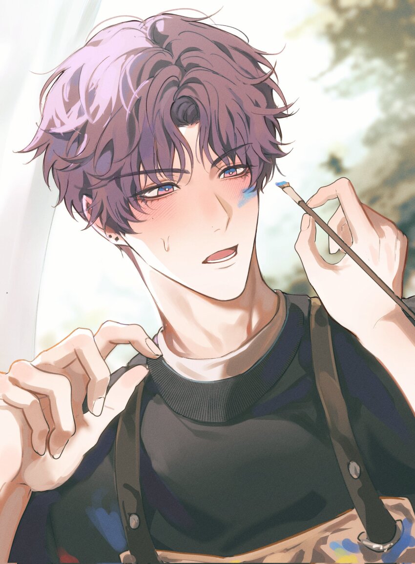 1boy 1girl apron black_sweater blush day earrings evil_fishie female_pov highres holding holding_paintbrush jewelry love_and_deepspace male_focus paint_splatter paint_splatter_on_face paintbrush pov pov_hands protagonist_(love_and_deepspace) purple_hair rafayel_(love_and_deepspace) shirt solo_focus stud_earrings sweatdrop sweater white_shirt