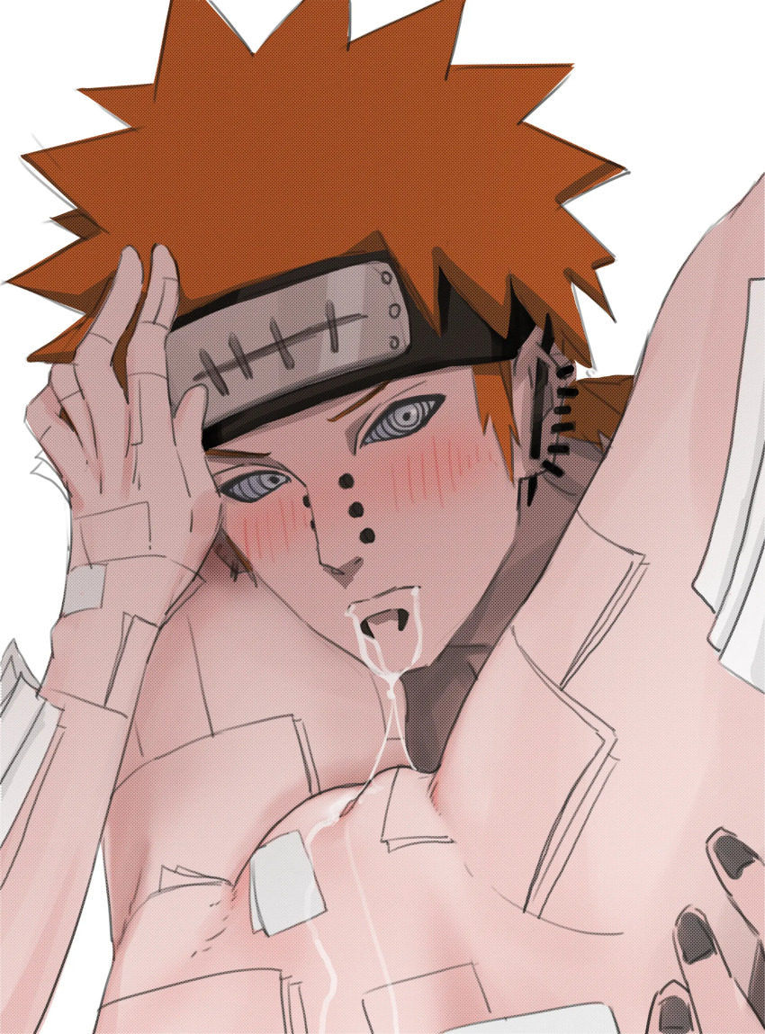 1boy 1girl absurdres amegakure_symbol cunnilingus drizzle_13 forehead_protector hand_on_another&#039;s_hip headband highres konan_(naruto) naruto_(series) naruto_shippuuden oral orange_hair pain_(naruto) pain_(tendo) pov pov_crotch pussy rinnegan source_request spiked_hair tagme yahiko_(naruto)