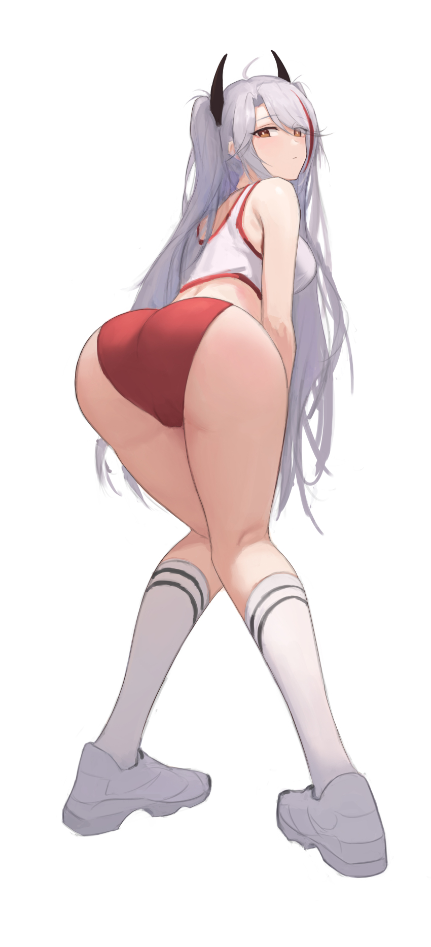 1girl absurdres ass ass_focus azur_lane breasts buruma closed_mouth full_body highres kneehighs kneepits kong_zhizen large_breasts long_hair looking_at_viewer looking_back midriff orange_eyes prinz_eugen_(azur_lane) prinz_eugen_(brilliant_touchdown)_(azur_lane) red_buruma red_shorts shirt shorts simple_background socks solo white_background white_hair white_shirt white_socks
